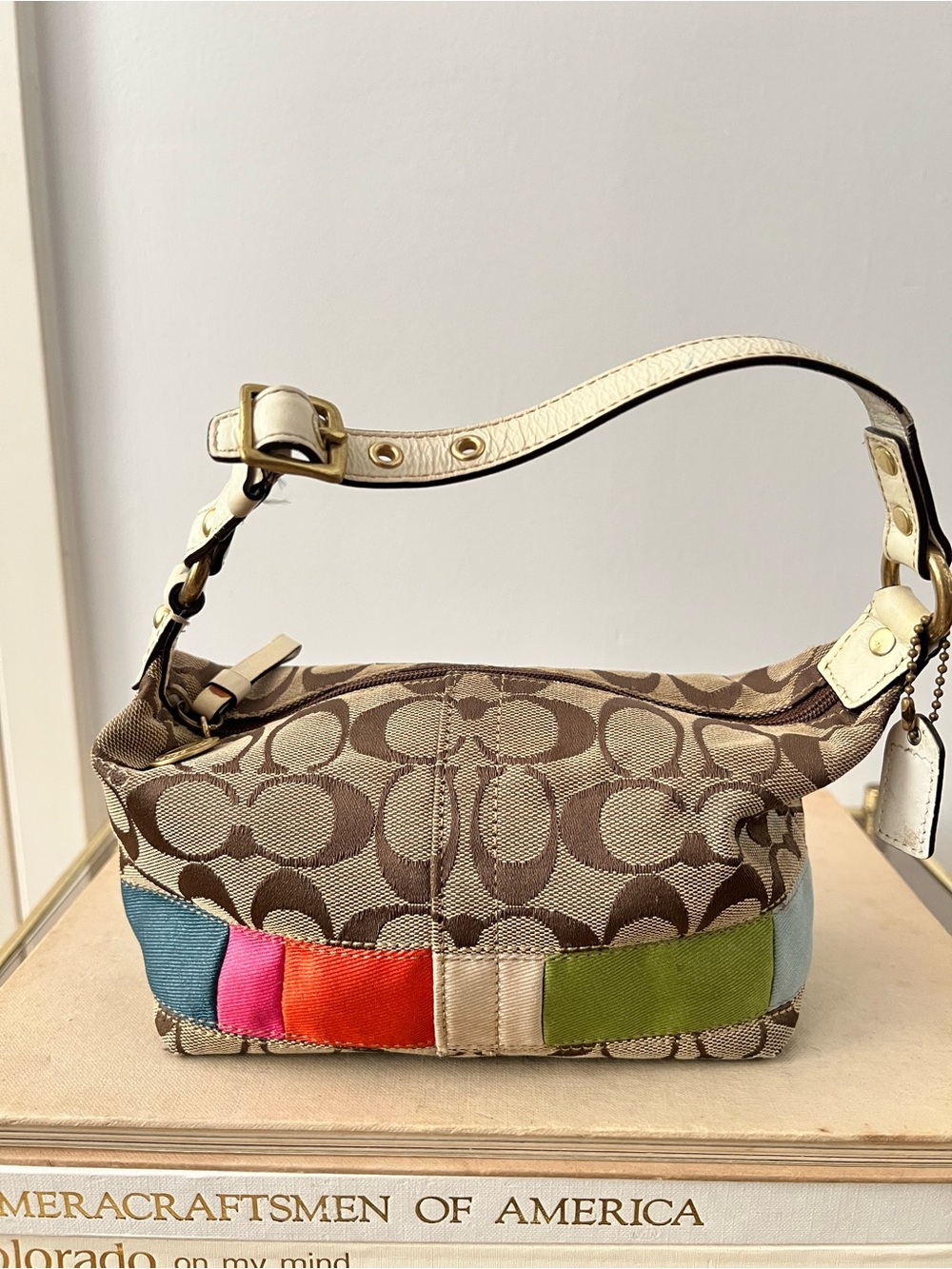 Vintage 90s Y2K Coach Mini Beige Signature Shoulder Bag W/Multicolor Patch Trim
